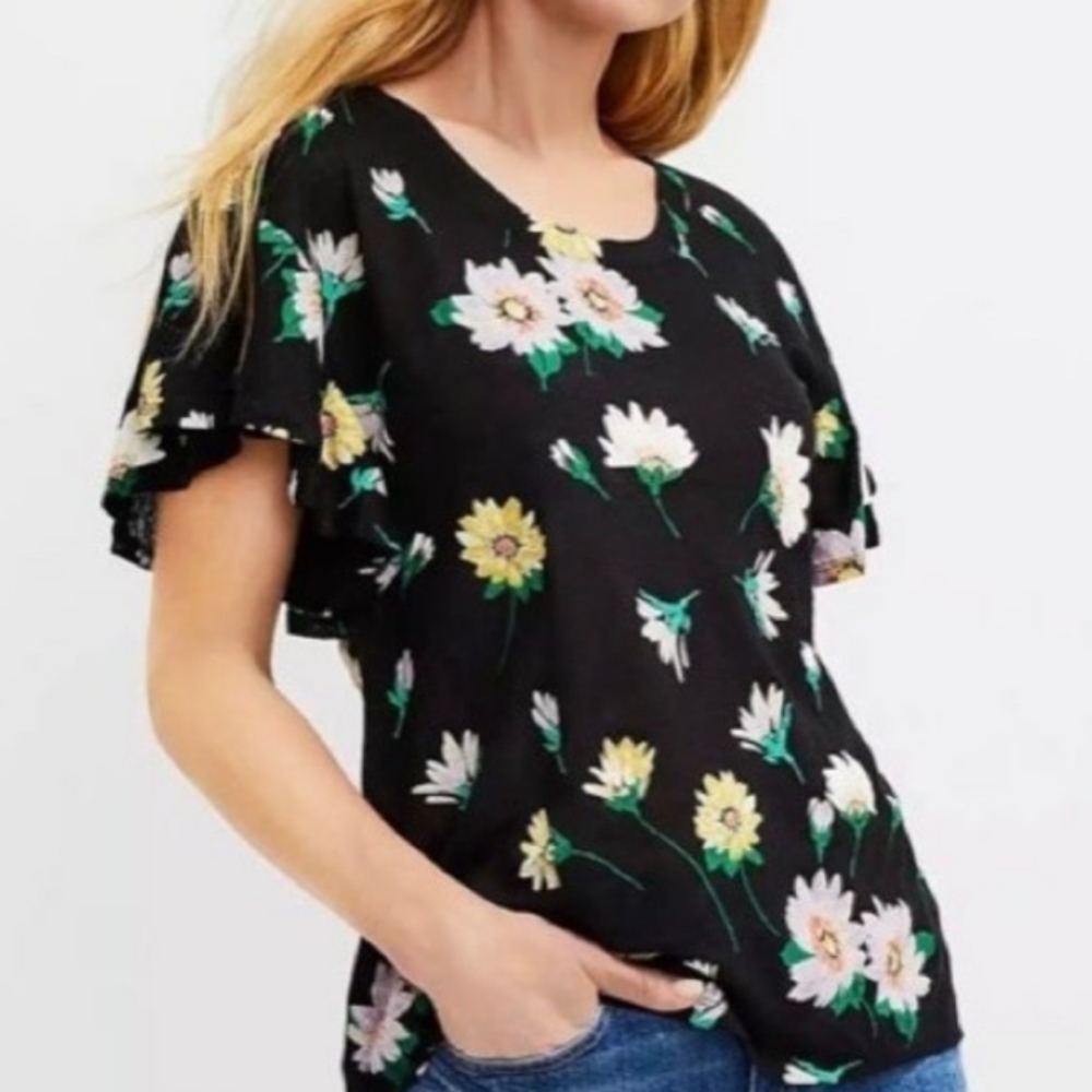 Ann Taylor Loft linen flutter linen floral sleeve top,NEW